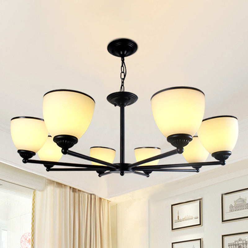 Metallic Radial Semi Flush Mount Light Retro Schlafzimmer Deckenmontage Kronleuchter mit Bellcremeglas Schatten in Schwarz