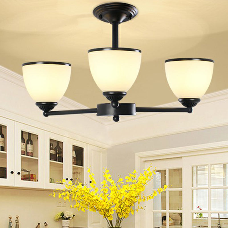 Metallic Radial Semi Flush Mount Light Retro Schlafzimmer Deckenmontage Kronleuchter mit Bellcremeglas Schatten in Schwarz