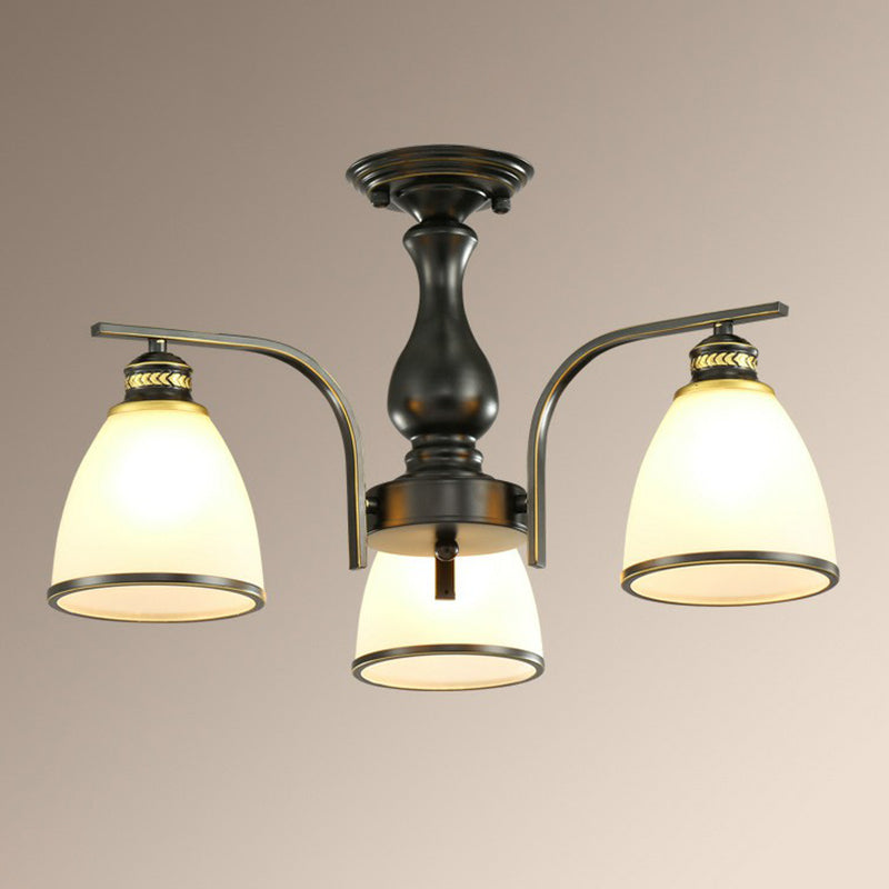 Rustic Bowl Shaped Semi Flush Frost Glass Ceiling Mount Chandelier for Living Room