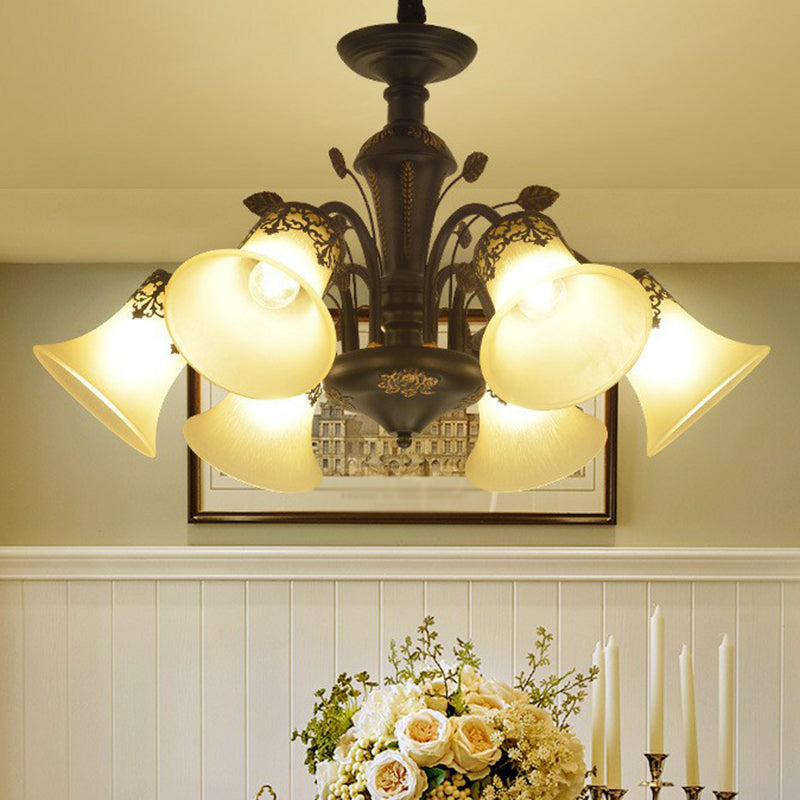 Flared Shade Beige Glass Chandelier Light Classic Living Room Pendant Ceiling Light in Black