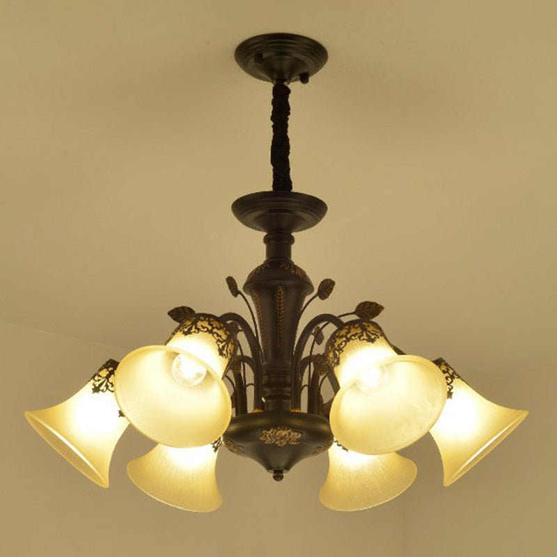 Flared Shade Beige Glass Chandelier Light Classic Living Room Pendant Ceiling Light in Black
