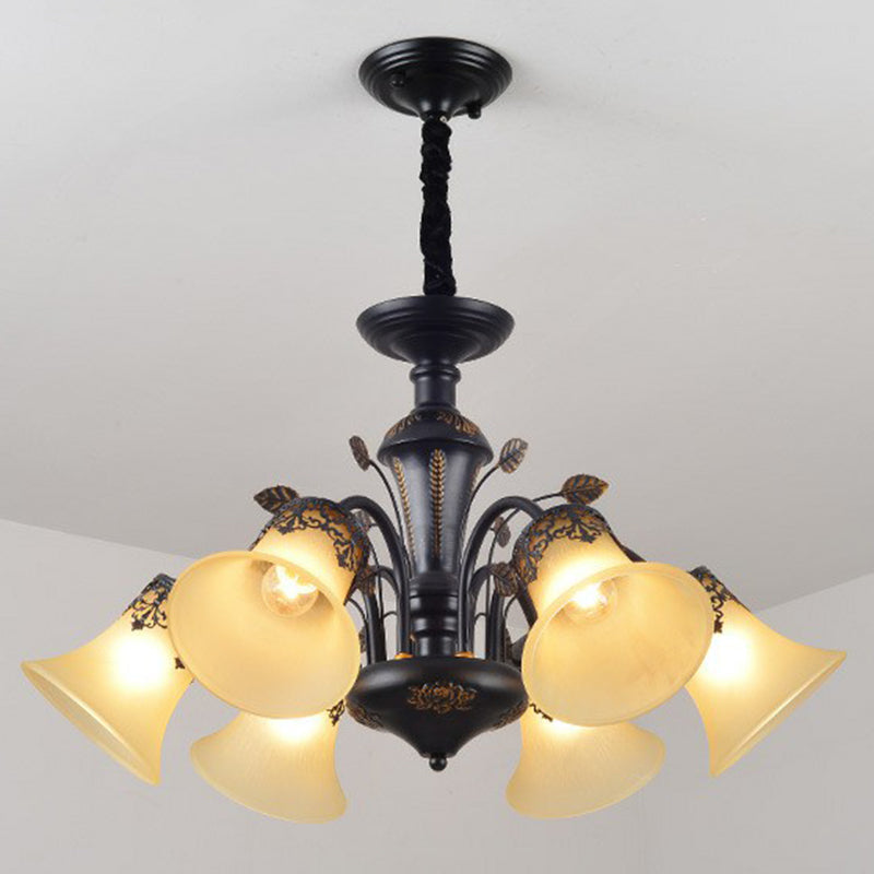 Flared Shade Beige Glass Chandelier Light Classic Living Room Pendant Ceiling Light in Black