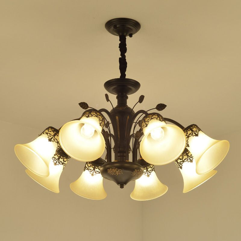 Flared Shade Beige Glass Chandelier Light Classic Living Room Pendant Ceiling Light in Black