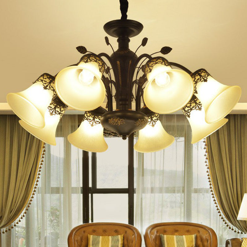 Flared Shade Beige Glass Chandelier Light Classic Living Room Pendant Ceiling Light in Black