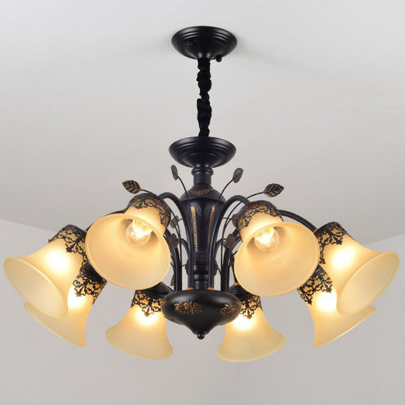 Flared Shade Beige Glass Chandelier Light Classic Living Room Pendant Ceiling Light in Black