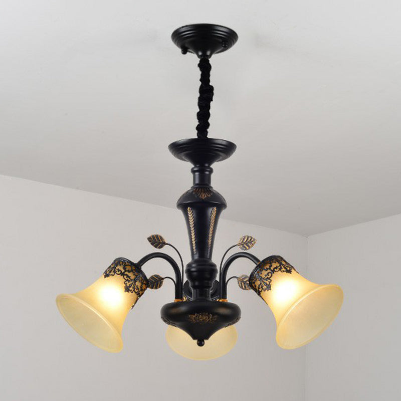 Flared Shade Beige Glass Chandelier Light Classic Living Room Pendant Ceiling Light in Black