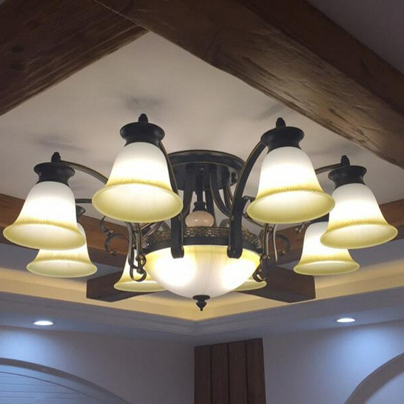 Flared Shade Dining Room Semi Flush Light Retro Beige Glass Black Semi Flush Chandelier