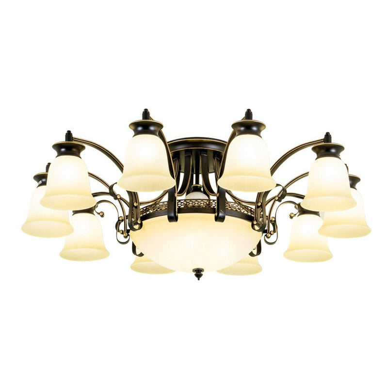 Flared Shade Dining Room Semi Flush Light Retro Beige Glass Black Semi Flush Chandelier
