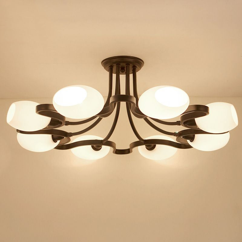 Black Semi Flush Light Rustic Cream Glass Bell Flush Mount Ceiling Chandelier for Living Room