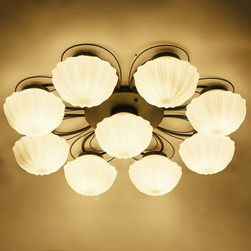 Ribbed Cream Glass Black Flush Mount Chandelier Bowl Classic Semi Flush Light Fixture for Dining Room