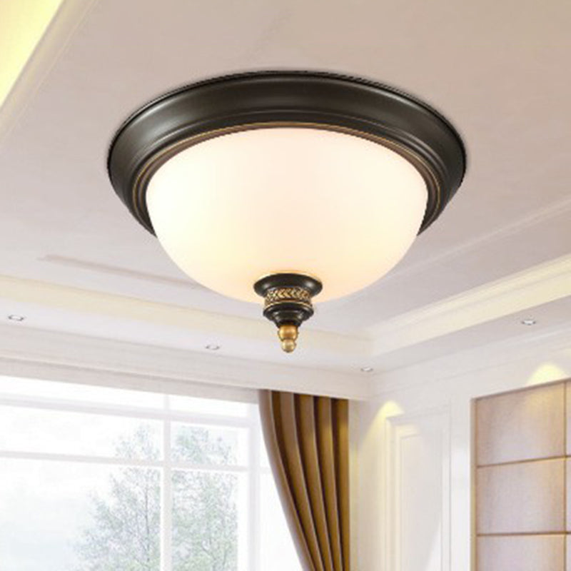 Inverted Dome Cream Glass Flush Mount Lighting Classic 3 Heads Bedroom Flush Mount Fixture in Black