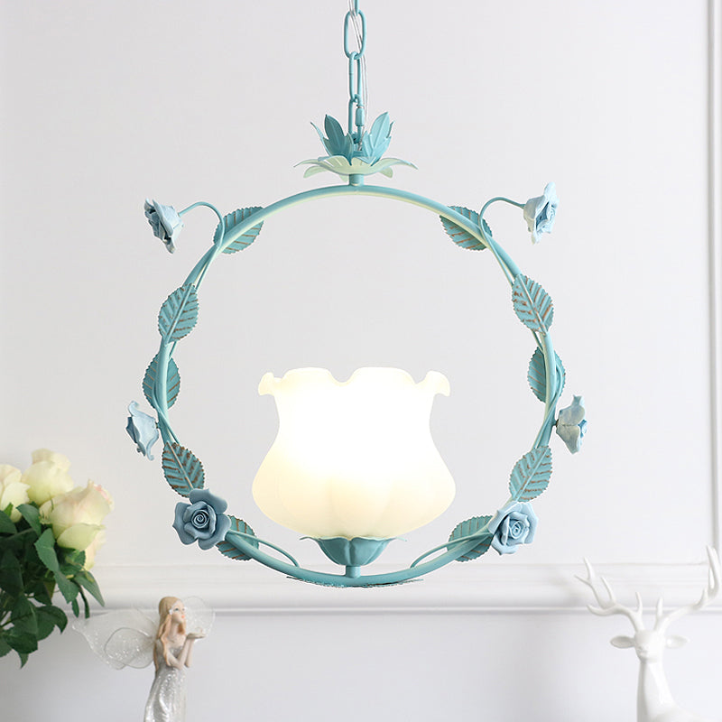 Pastoral Bud Ceiling Light Single-Bulb Cream Glass Hanging Pendant Light with Floral Hoop