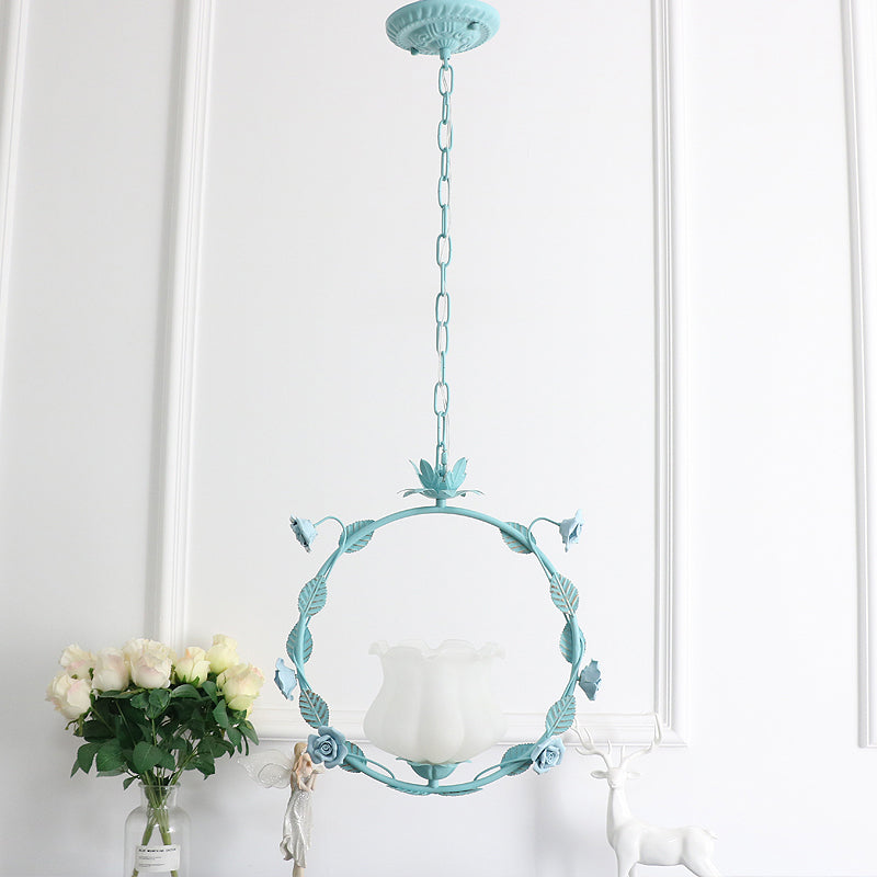 Pastoral Bud Ceiling Light Single-Bulb Cream Glass Hanging Pendant Light with Floral Hoop