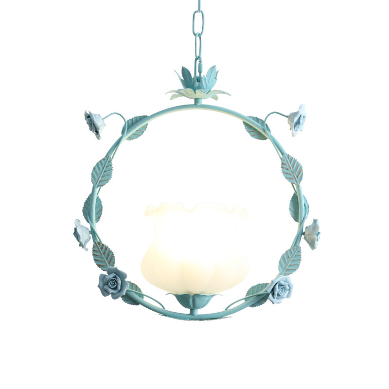 Pastoral Bud Ceiling Light Single-Bulb Cream Glass Hanging Pendant Light with Floral Hoop