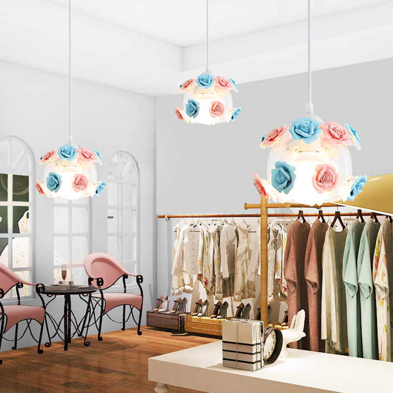 1-Light Pendant Lighting Korean Garden Rose Ceramic Suspension Light Fixture for Bedroom