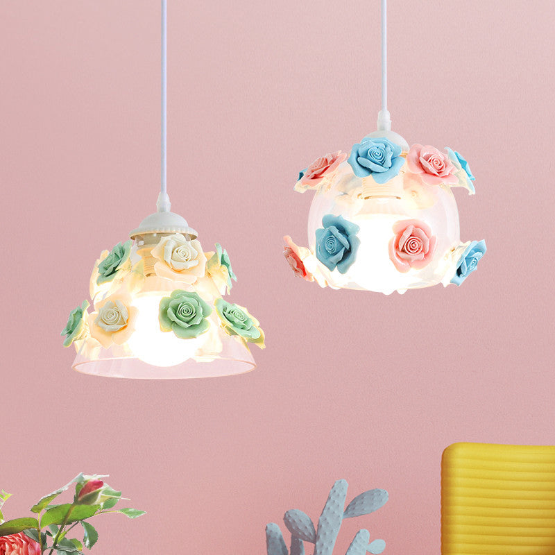 1-Light Pendant Lighting Korean Garden Rose Ceramic Suspension Light Fixture for Bedroom
