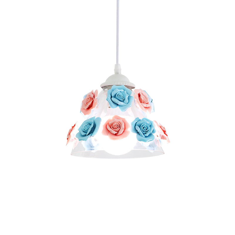 1-Light Pendant Lighting Korean Garden Rose Ceramic Suspension Light Fixture for Bedroom