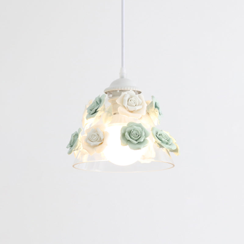 1-Light Pendant Lighting Korean Garden Rose Ceramic Suspension Light Fixture for Bedroom