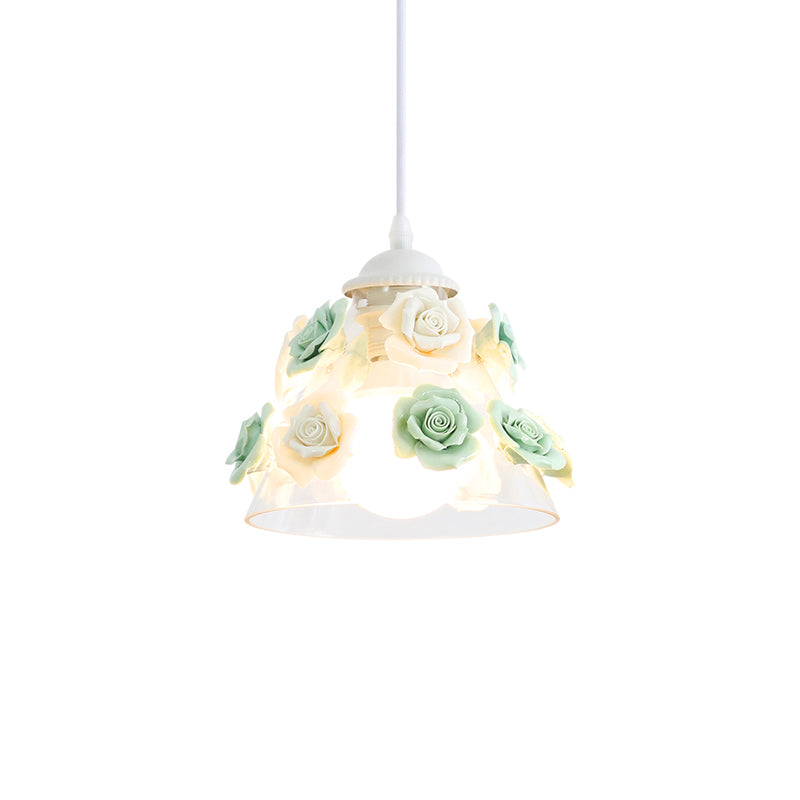 1-Light Pendant Lighting Korean Garden Rose Ceramic Suspension Light Fixture for Bedroom