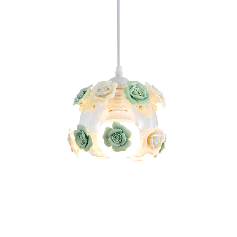 1-Light Pendant Lighting Korean Garden Rose Ceramic Suspension Light Fixture for Bedroom