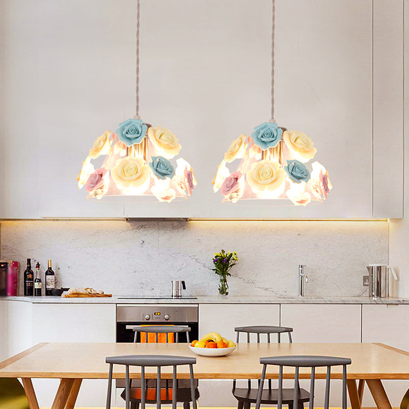 Rose Ceramic Suspension Light Pastoral Style Dining Room Pendant Light Fixture in Pink-Blue