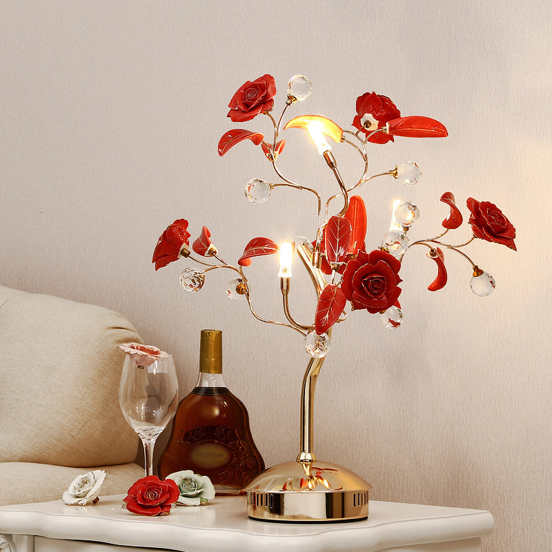 Pastoral Rosebush Table Lighting Ceramic Nightstand Lamp with Crystal Decor for Bedside