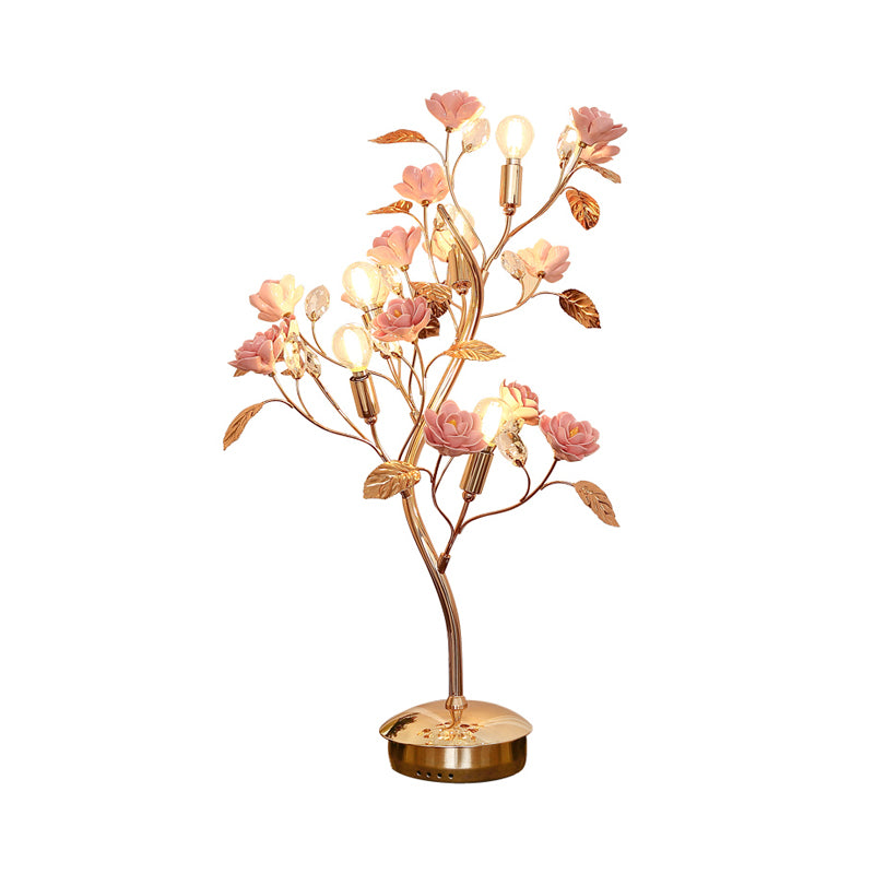 Floral Ceramic Table Light Pastoral Style Living Room Nightstand Lamp with Decorative Crystal