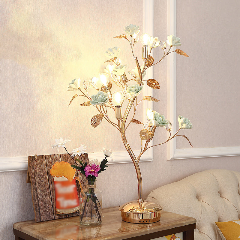 Floral Ceramic Table Light Pastoral Style Living Room Nightstand Lamp with Decorative Crystal