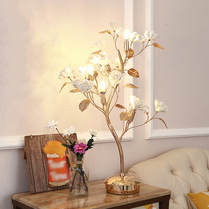 Floral Ceramic Table Light Pastoral Style Living Room Nightstand Lamp with Decorative Crystal