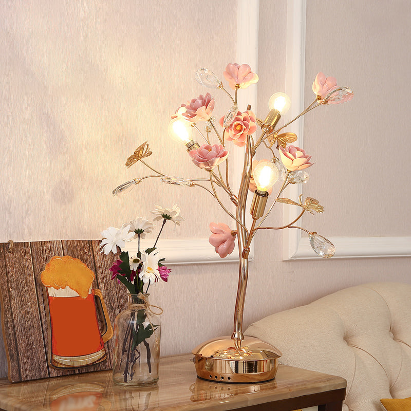 Floral Ceramic Table Light Pastoral Style Living Room Nightstand Lamp with Decorative Crystal