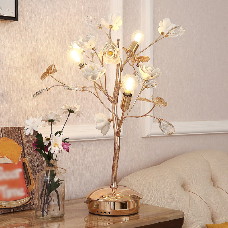 Floral Ceramic Table Light Pastoral Style Living Room Nightstand Lamp with Decorative Crystal