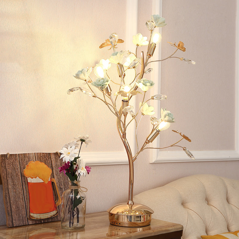 Floral Ceramic Table Light Pastoral Style Living Room Nightstand Lamp with Decorative Crystal