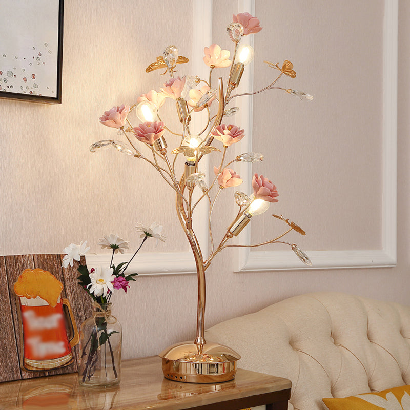 Floral Ceramic Table Light Pastoral Style Living Room Nightstand Lamp with Decorative Crystal