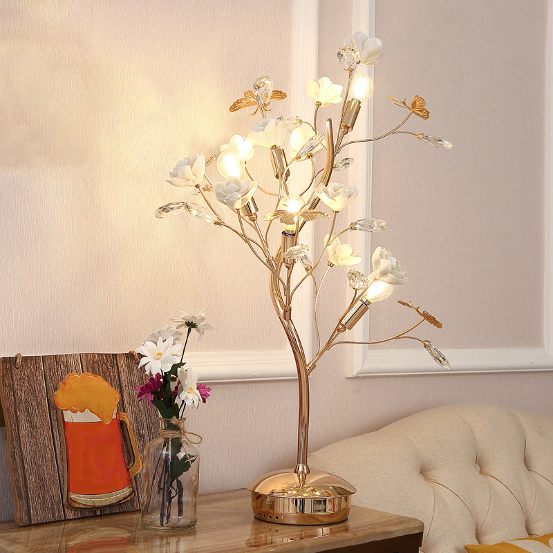 Floral Ceramic Table Light Pastoral Style Living Room Nightstand Lamp with Decorative Crystal