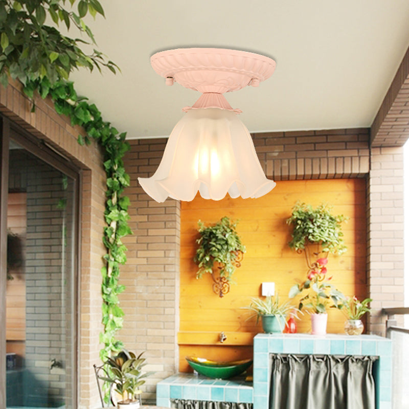 Frost Glass Ruffle Semi Flush Pastoral Single-Bulb Bedroom Flush Ceiling Light Fixture