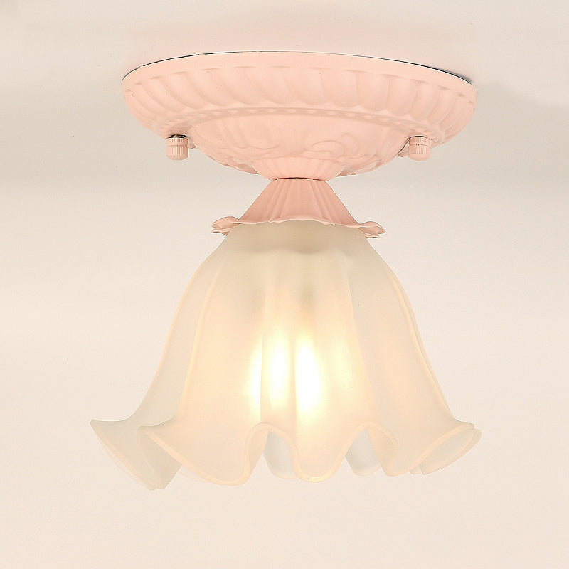 Frost Glass Ruffle Semi Flush Pastoral Single-Bulb Bedroom Flush Ceiling Light Fixture