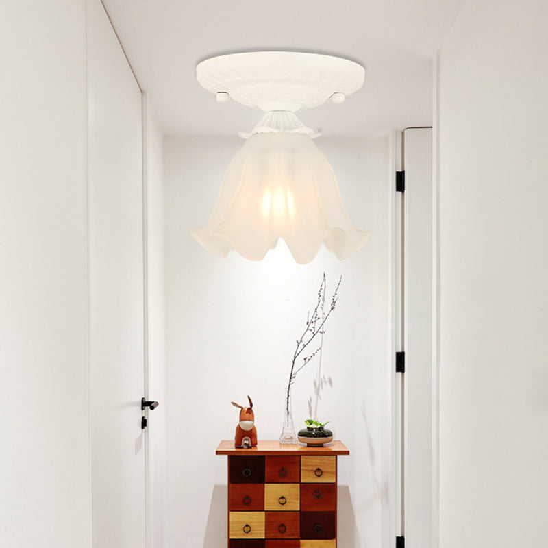 Frost Glass Ruffle Semi Flush Pastoral Single-Bulb Bedroom Flush Ceiling Light Fixture