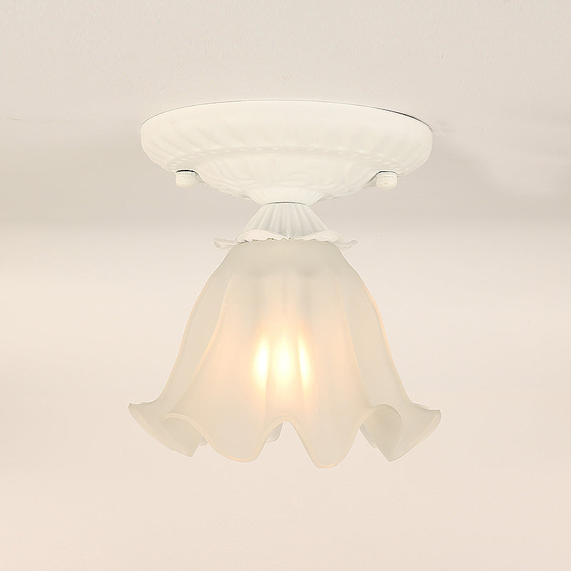 Frost Glass Ruffle Semi Flush Pastoral Single-Bulb Bedroom Flush Ceiling Light Fixture
