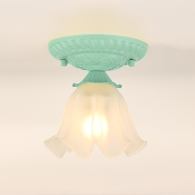 Frost Glass Ruffle Semi Flush Pastoral Single-Bulb Bedroom Flush Ceiling Light Fixture