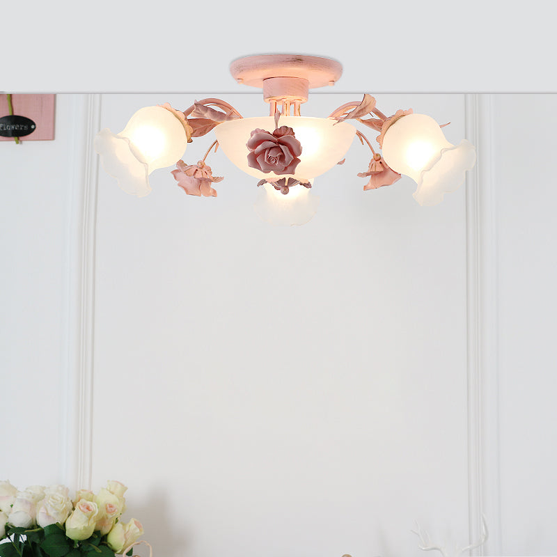 Korean Garden Flower Semi Flush Mount Frost Glass Ceiling Mounted Light for Bedroom