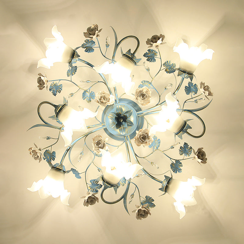 Flower Cream Glass Flush Mount Light Pastoral Style Bedroom Semi Flush Ceiling Light in Blue