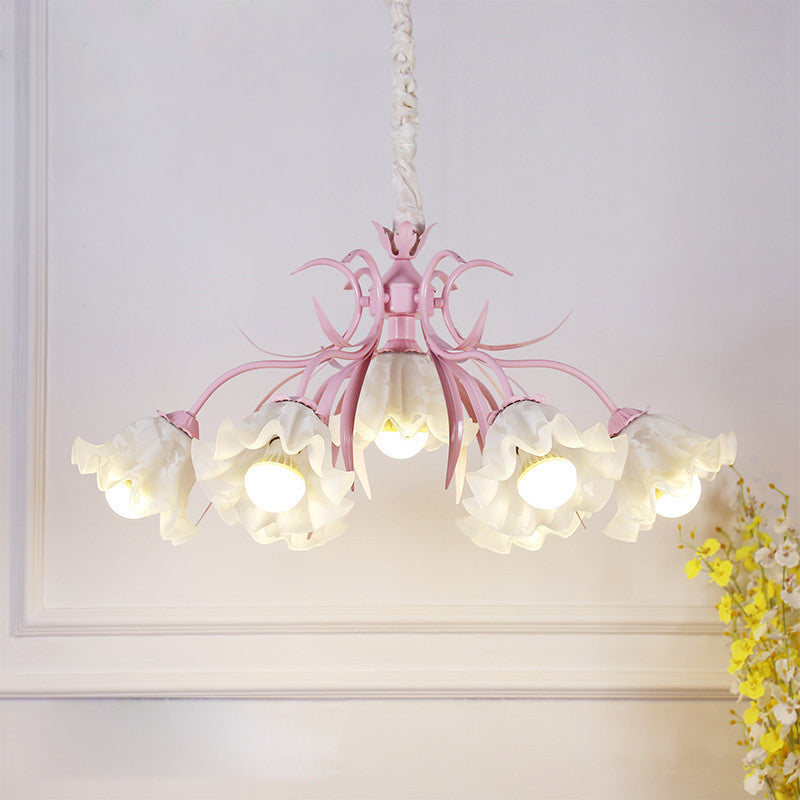 Estilo pastoral lámpara de lámpara floral crema ligera de vidrio colgante para comedor para comedor