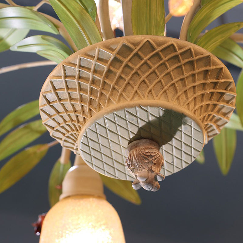 Green Flower Chandelier Lighting Pastoral Frost Glass Living Room Pendant Light with Decorative Crystal