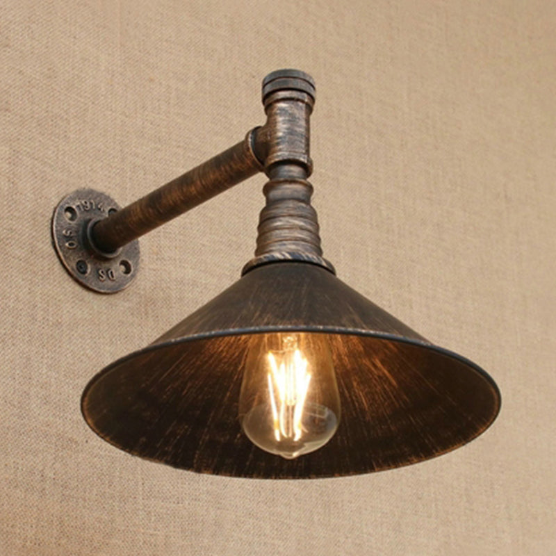 Antique Brass Cone Wall Sconce Farmhouse Style Metallic 1 Head Dining Room Wall Lighting Fixture with Pipe