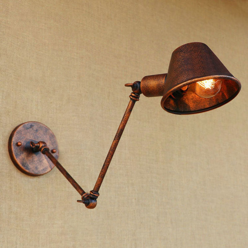 1 Bulb Wall Lighting Vintage Industrial Tapered Shade Metal Wall Sconce Lamp in Black/Rust for Study Room
