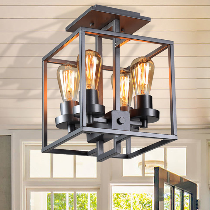 Square Living Room Semi Flush Industrial Style Metal 4 Lights Black/Silver/Gold Ceiling Lighting