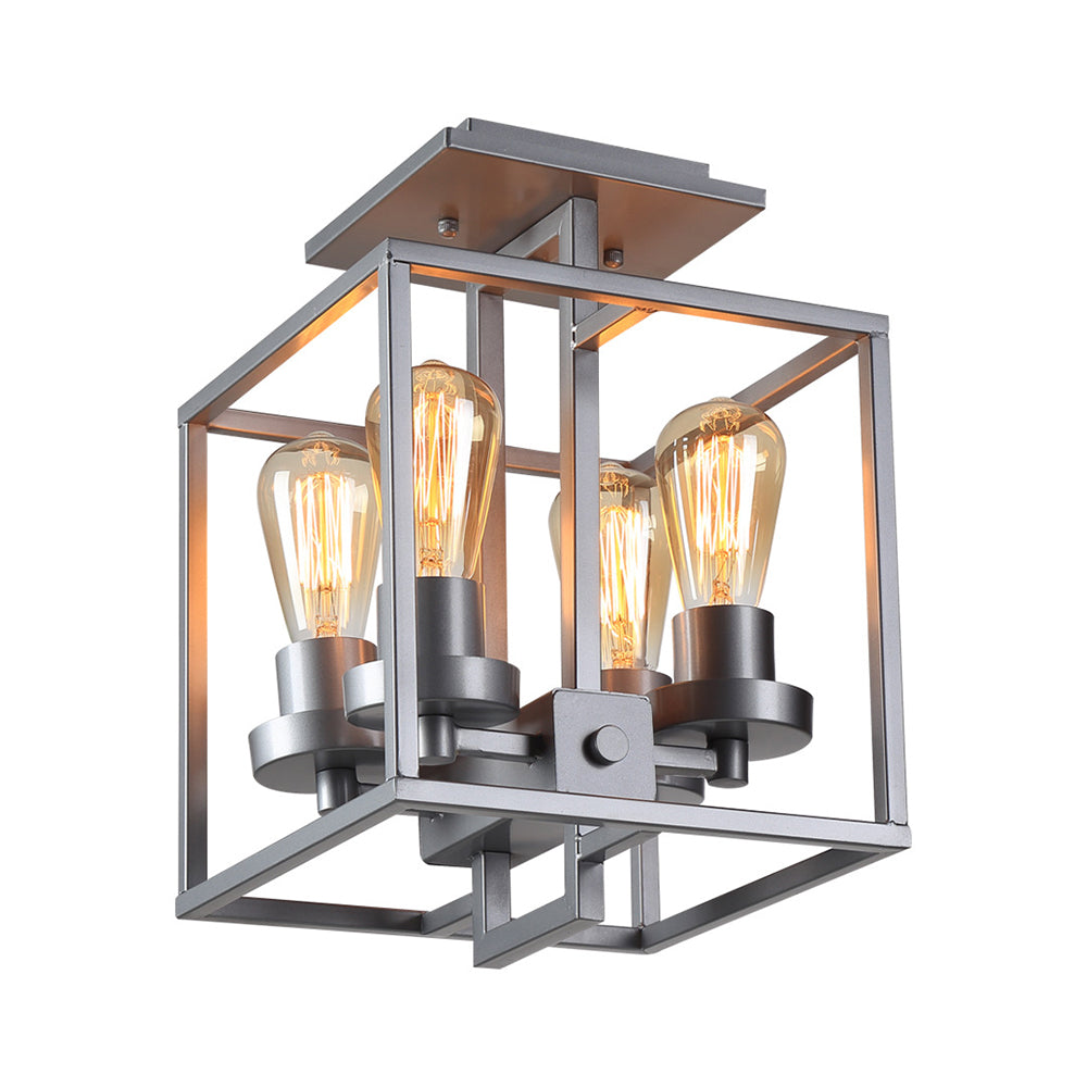Square Living Room Semi Flush Industrial Style Metal 4 Lights Black/Silver/Gold Ceiling Lighting