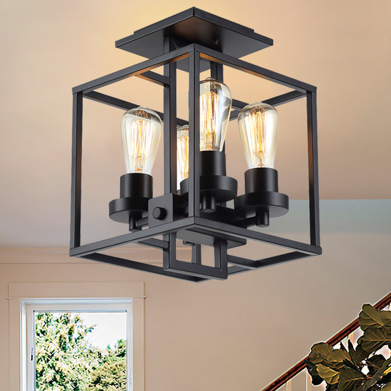 Square Living Room Semi Flush Industrial Style Metal 4 Lights Black/Silver/Gold Ceiling Lighting