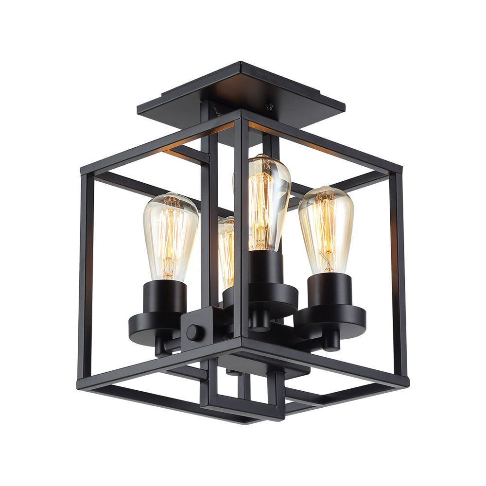 Square Living Room Semi Flush Industrial Style Metal 4 Lights Black/Silver/Gold Ceiling Lighting