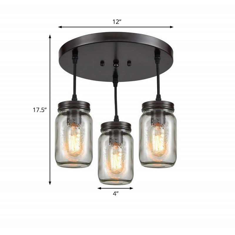 3 luces transparentes de vidrio grabado Costilería Ligera industrial de masón negro Livera de techo de sala de estar de jarra